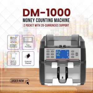 DMInteract DM-1000 2 Pocket 20 Multi Currency Sorter Money Counting Machine With Built-In Receipt Printer and External Display
