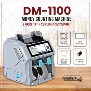 DMInteract DM-1100 2 Pocket 38 Multi Currency Sorter Money Counting Machine, 7.84" TFT Full Touch Screen Display With Built-in Receipt Printer & Free External Display