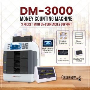 DMInteract DM-3000 3 Pocket Upto 65 Multi Currencies Fitness Sorter And Banknote Counting Machine With Built-In Receipt Printer External Display