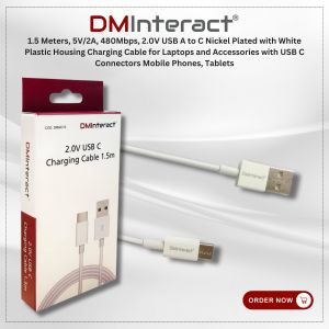 DMInteract 1.5 Meters, 5V/2A, 480Mbps, 2.0V USB A to C Nickel Plated with White Plastic Housing Charging Cable for Laptops and Accessories with USB C Connectors Mobile Phones, Tablets