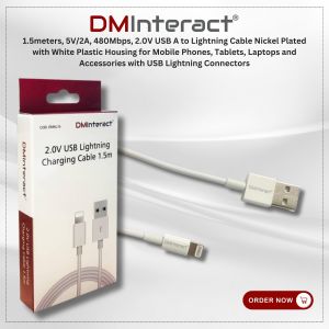 DMInteract 1.5meters, 5V/2A, 480Mbps, 2.0V USB A to Lightning Cable Nickel Plated with White Plastic Housing for Mobile Phones, Tablets, Laptops and Accessories with USB Lightning Connectors