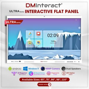 DMInteract Ultra Series 98" 4K+8K Upto 40 Touch Point With Built-In 48MP Camera, 8 Array Microphone, 20W Dual Speakers, NFC & Fingerprint Smart Interactive Flat Panel Display With 16GB RAM 256GB ROM Android 13 And OPS Module (Optional)